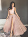 A Line Scoop Neck Two Pieces Chiffon Pink Long Prom Dresses with High Slit, Two Pieces Pink Formal Dresses, Graduation Dresses