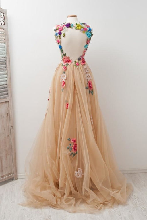 A-line Scoop Sleeveless Open Back Appliques Tulle Prom Dress with Hand-Made Flowers - Prom Dresses