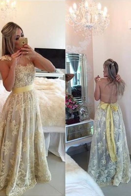 A Line Sexy Sleeveless Lace Prom Beading Long Evening Dress with Sash - Prom Dresses