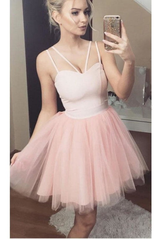 A Line Sexy Straps Pink Homecoming Cute Short Tulle Prom Dress - Prom Dresses