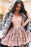 A-Line Sheer Neck Blush Satin Long Sleeves Mini Homecoming Prom Dress with Lace - Prom Dresses