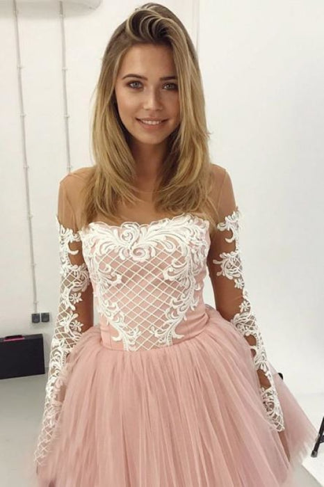 A-Line Sheer Neck Long Sleeves Pink Tulle Homecoming Cocktail Dress with Appliques - Prom Dresses