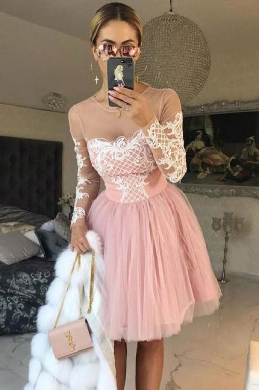 A-Line Sheer Neck Long Sleeves Pink Tulle Homecoming Cocktail Dress with Appliques - Prom Dresses