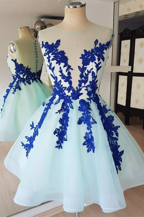 A Line Sheer Neck Sleeveless Short Homecoming Dress with Royal Blue Appliques - Prom Dresses