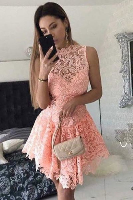 A-Line Short Dropped Pink Homecoming Mini Sleeveless Lace Cocktail Dress - Prom Dresses