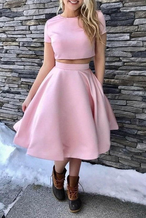 A-Line Short Sleeves Tea-Length Homecoming Dress Two Piece Satin Prom Dresses - Prom Dresses