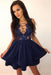 A-Line Short Tiered Dark Blue Sexy Homecoming with Appliques Graduation Dress - Prom Dresses