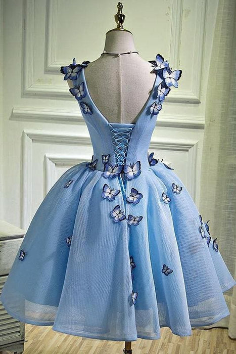 A Line Sky Blue V Neck Sleeveless Junior Homecoming Dress with Butterfly Flowers - Prom Dresses