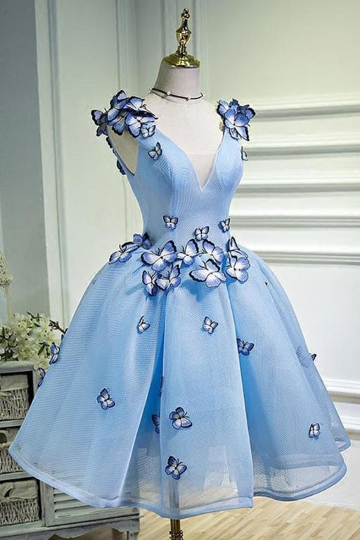 A Line Sky Blue V Neck Sleeveless Junior Homecoming Dress with Butterfly Flowers - Prom Dresses