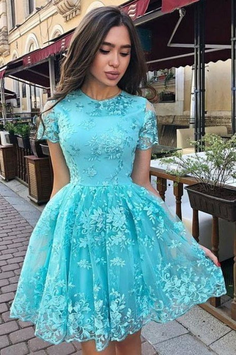 A Line Sleeve Lace Homecoming Charming Prom Dress with Short Sleeves - Prom Dresses