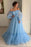 A Line Sleeve Off the Shoulder Long Prom Blue Tulle Floor Length Formal Dress - Prom Dresses