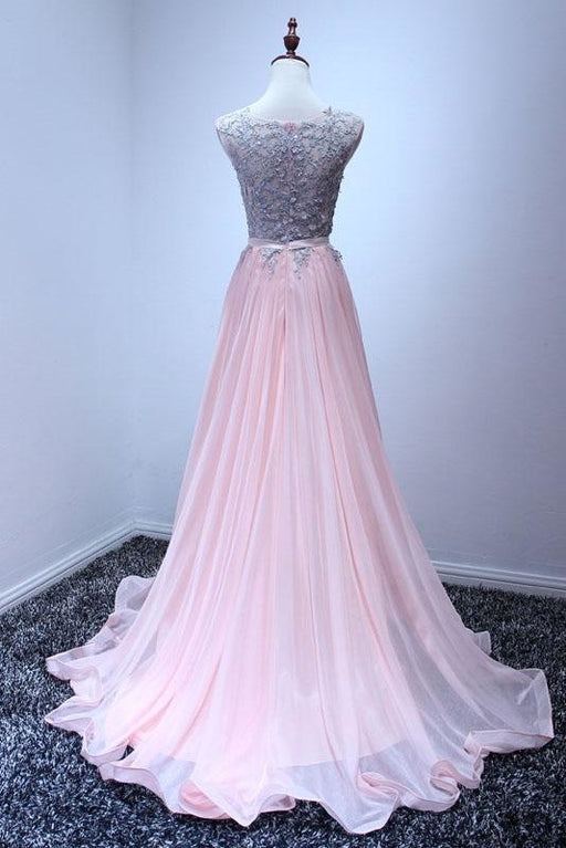 A Line Sleeveless Chiffon Long Appliqued Prom Dress Pink Formal Dresses - Prom Dresses