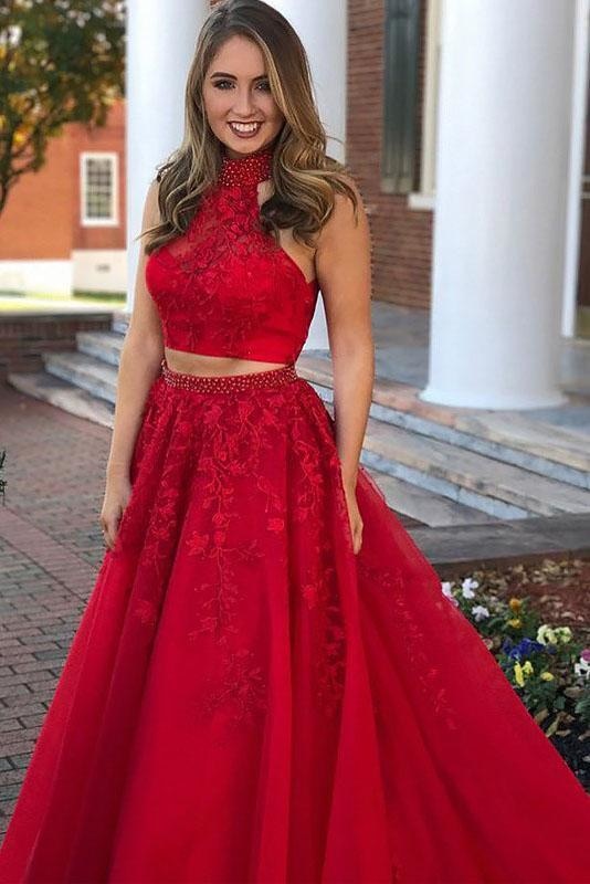 A-Line Sleeveless Jewel Beading Appliqued Tulle Long Two Piece Prom Dresses - Prom Dresses