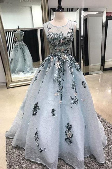 A-line Sleeveless Lace Long Prom Dress with Appliques Sweep Train Formal Dresses - Prom Dresses