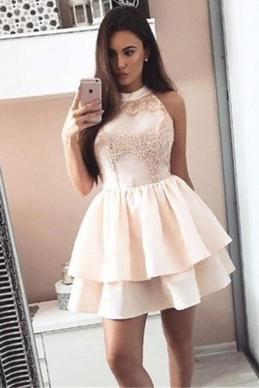 A Line Sleeveless Mini Homecoming Dresses Short Two Layers Prom Dress with Appliques - Prom Dresses