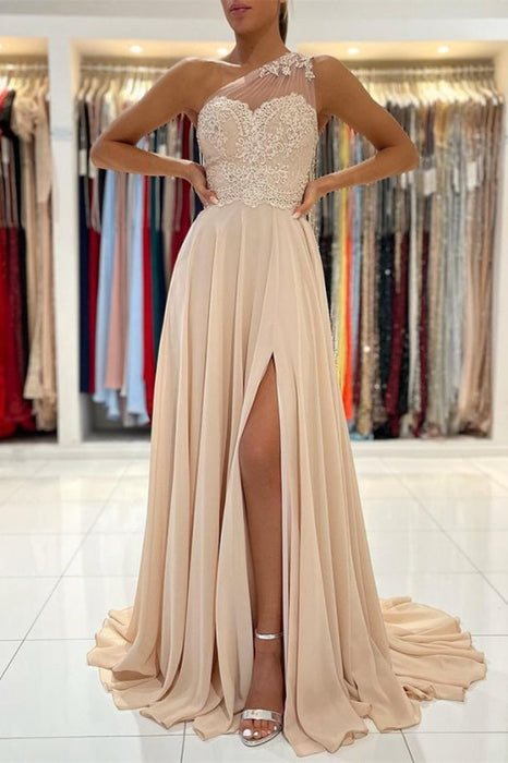 A-Line Sleeveless One-Shoulder Simple Prom Dress with Lace Appliques Bridelily A-Line Sleeveless One-Shoulder Simple Prom Dress with Lace Appliques Bridelily