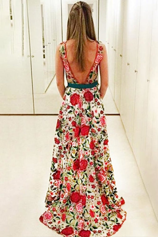 A Line Sleeveless Prom Dress Embroidery Long Evening Dresses with Red Flowers - Prom Dresses