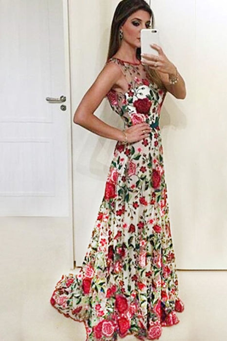 A Line Sleeveless Prom Dress Embroidery Long Evening Dresses with Red Flowers - Prom Dresses
