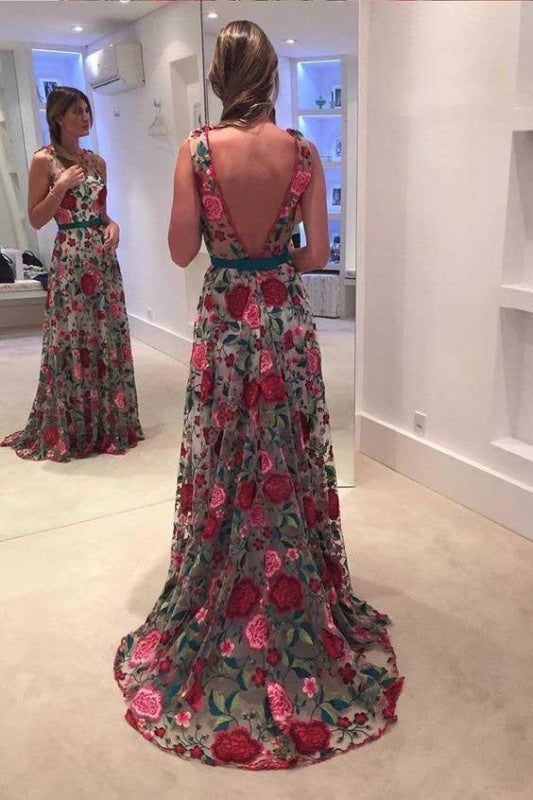 A Line Sleeveless Prom Embroidery Long Formal Dress with V Back - Prom Dresses