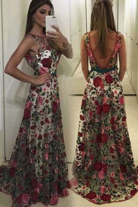 A Line Sleeveless Prom Embroidery Long Formal Dress with V Back - Prom Dresses