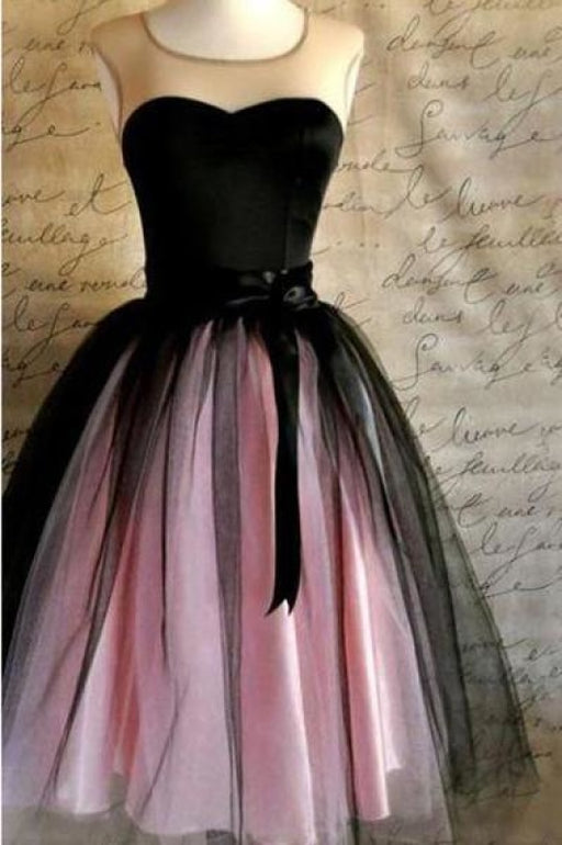 A-line Sleeveless Vintage Ribbons Belt Tulle Short Prom Party Dress Sweet 16 Dresses - Prom Dresses