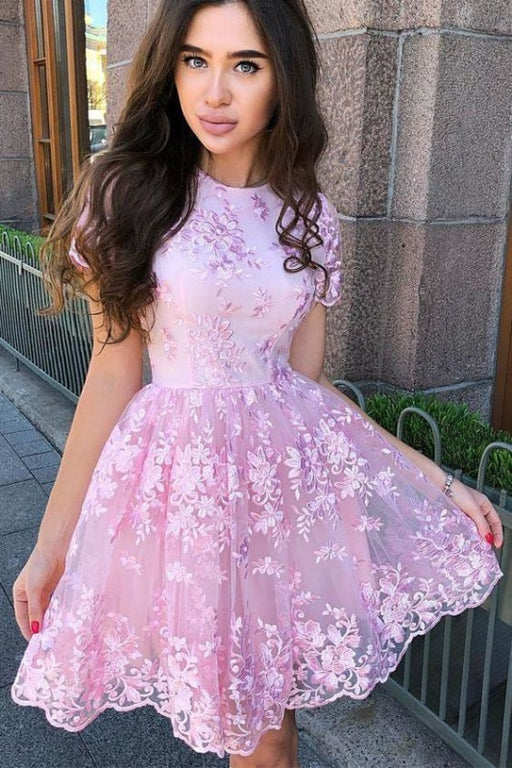 A Line Sleeves Short Pink Homecoming Dresses with Lace Appliques - Prom Dresses