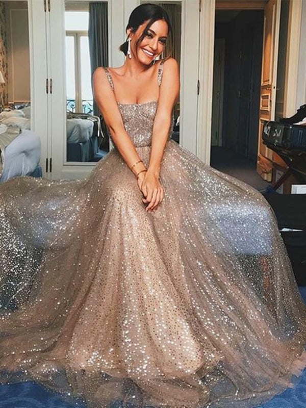 A Line tti Straps Backless Champagne Long Prom Dresses with Sequins, Champagne Formal Dresses, Evening Dresses