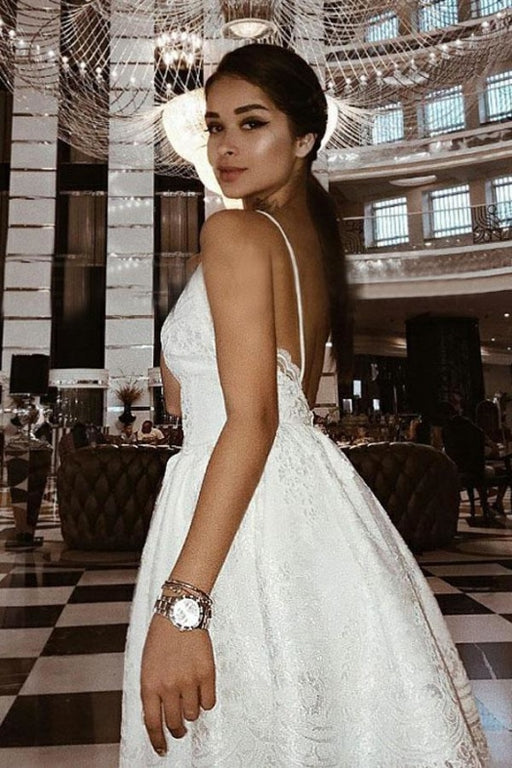 A-Line Spaghetti Straps Backless Ivory Lace Homecoming Dress with Appliques - Prom Dresses