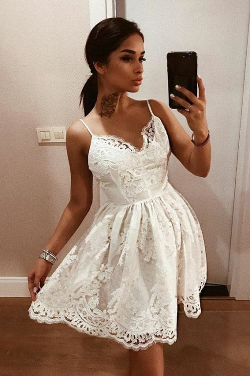 A-Line Spaghetti Straps Backless Ivory Lace Homecoming Dress with Appliques - Prom Dresses