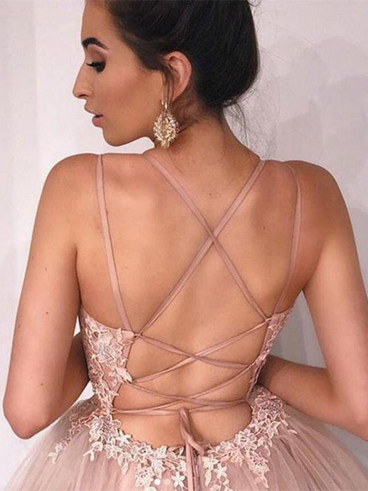 A Line tti Straps Backless Pink Lace Appliques Champagne Prom Dresses, Lace Champagne Formal Dresses, Champagne Evening Dresses
