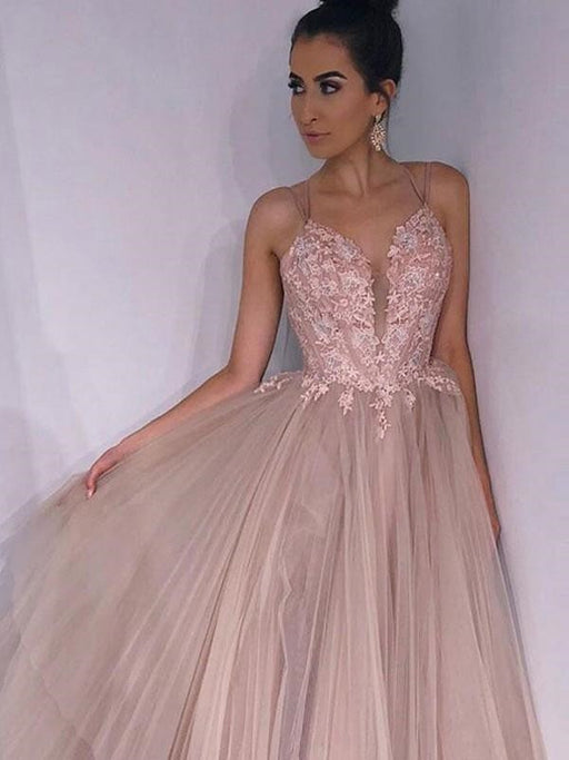 A Line tti Straps Backless Pink Lace Appliques Champagne Prom Dresses, Lace Champagne Formal Dresses, Champagne Evening Dresses
