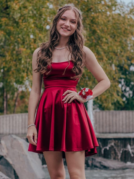 A Line tti Straps Burgundy Prom Dresses, Short Burgundy Homecoming Dresses, Burgundy Formal Evening Dresses 