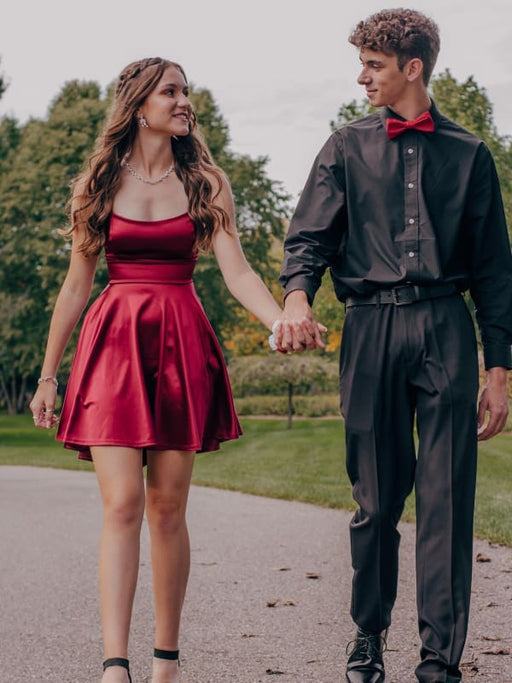 A Line tti Straps Burgundy Prom Dresses, Short Burgundy Homecoming Dresses, Burgundy Formal Evening Dresses 