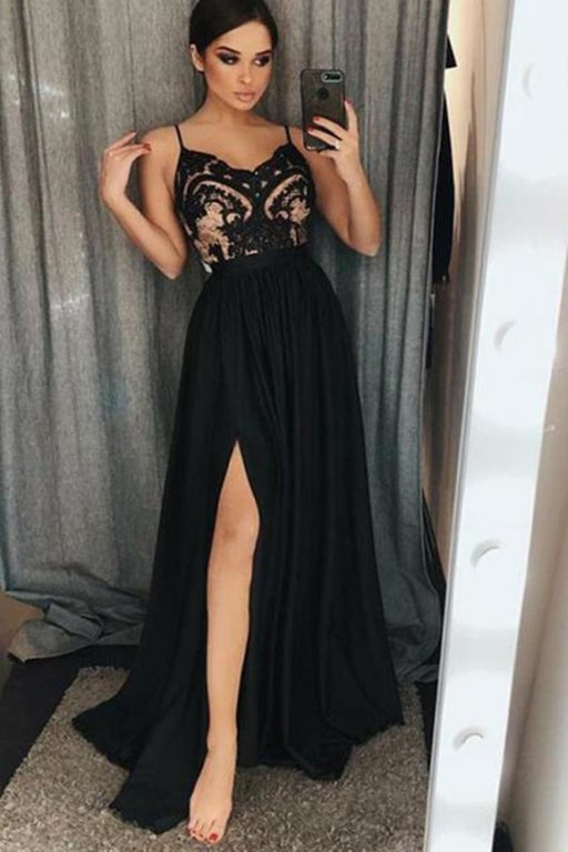 A-Line Spaghetti Straps Floor-Length Black Prom Dresses with Lace Split - Prom Dresses