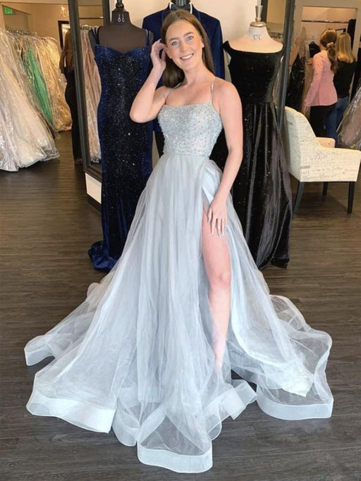 A Line tti Straps Grey Beaded Long Prom Dresses with High  Grey Formal Graduation Evening Dresses with Beads