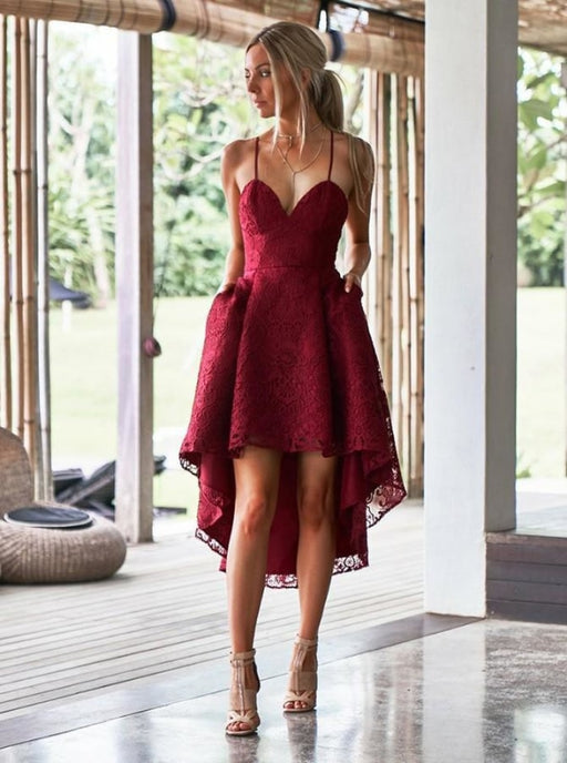 A-Line Spaghetti Straps High Low Red Lace Bridesmaid Dress - Bridesmaid Dresses