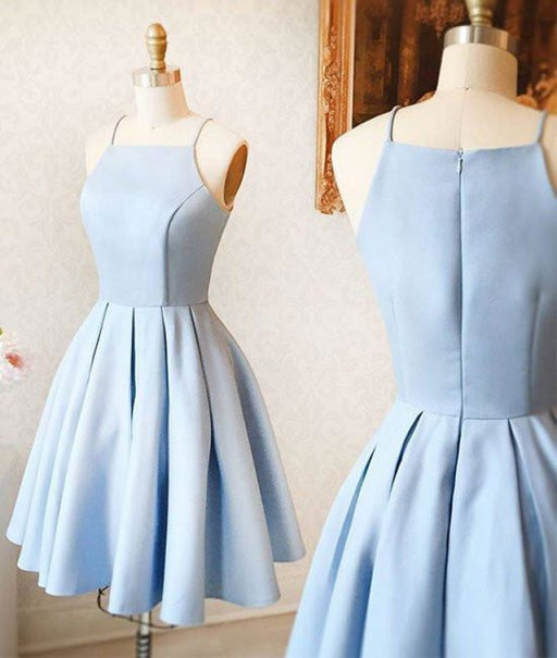 A-Line Spaghetti Straps Homecoming Sleeveless Light Blue Satin Short Prom Dress - Prom Dresses