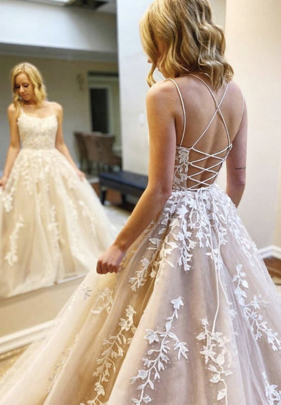Champagne Lace Short Party Dress, A-Line Spaghetti Strap Evening Dress main image 1