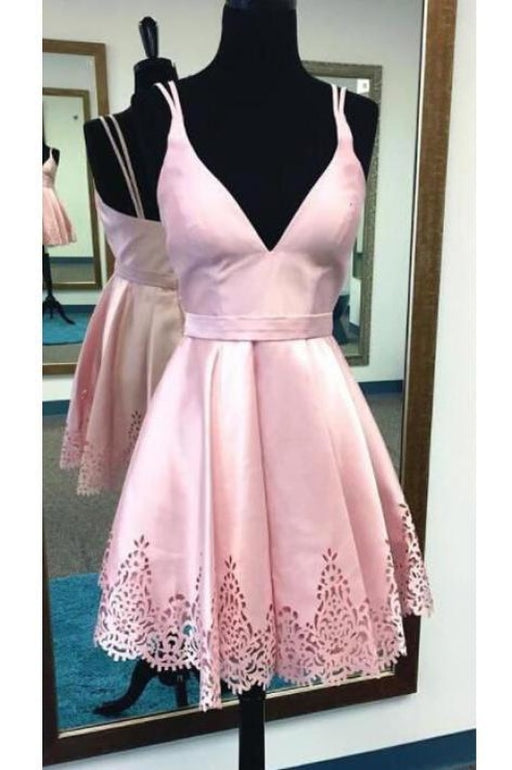 A-line Spaghetti Straps Pink Satin Homecoming Sweet 16 Short V neck Prom Dress - Prom Dresses