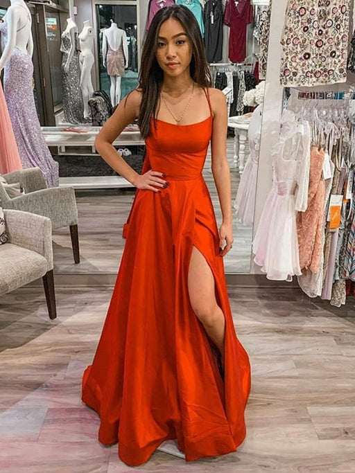 A Line tti Straps Red Satin Long Prom Dresses with Slit, Red Formal Graduation Evening Dresses