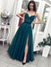 A Line tti Straps Sweetheart Neck Beaded Green Long Prom Dresses with Slit, Green Formal Dresses, Evening Dresses