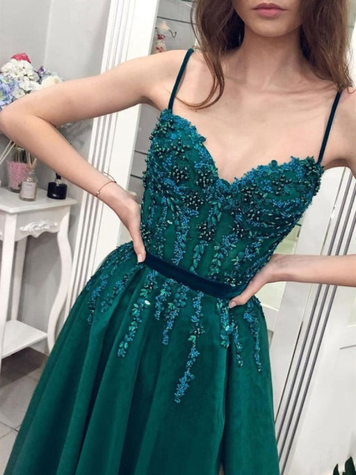 A Line tti Straps Sweetheart Neck Beaded Green Long Prom Dresses with Slit, Green Formal Dresses, Evening Dresses