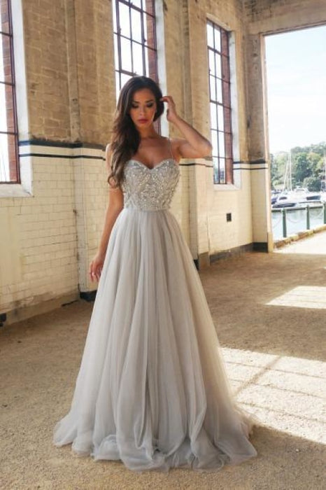 A-Line Spaghetti Straps Sweetheart Tulle Dress Floor-Length Prom Dresses with Beading - Prom Dresses