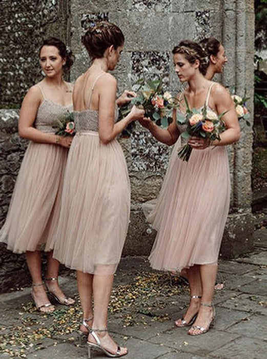 A-Line Spaghetti Straps Tea Length Pink Tulle Bridesmaid Dress - Bridesmaid Dresses
