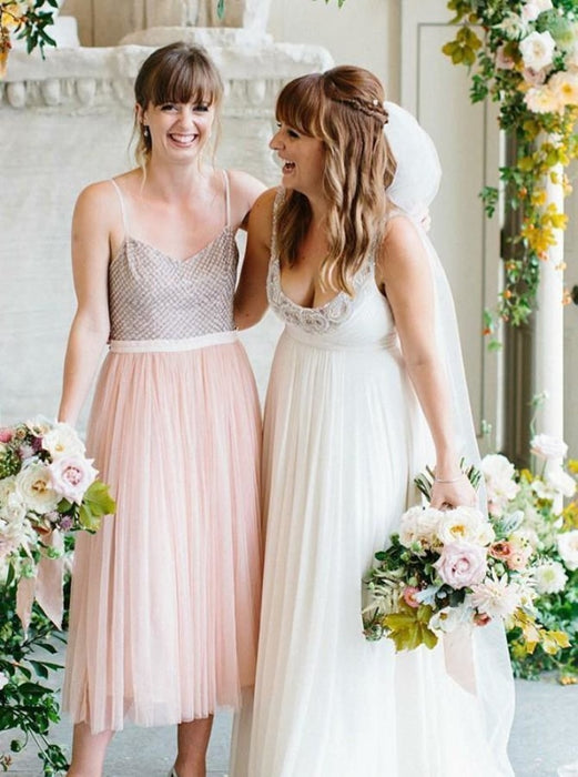 A-Line Spaghetti Straps Tea Length Pink Tulle Bridesmaid Dress - Bridesmaid Dresses