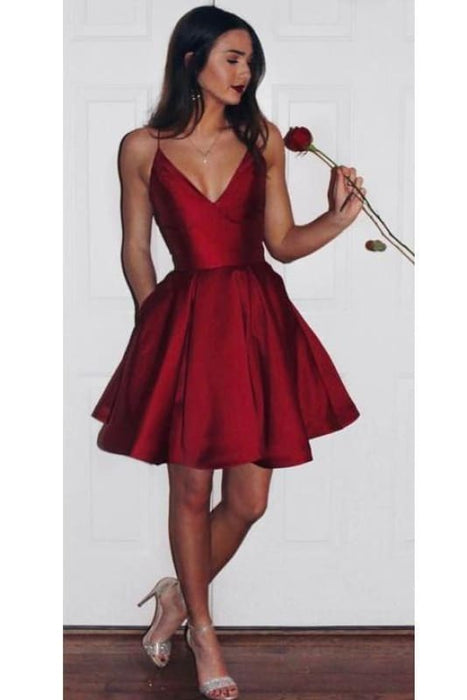 A-Line Spaghetti Straps V-Neck Burgundy Homecoming V-neck Short Prom Dress - Prom Dresses