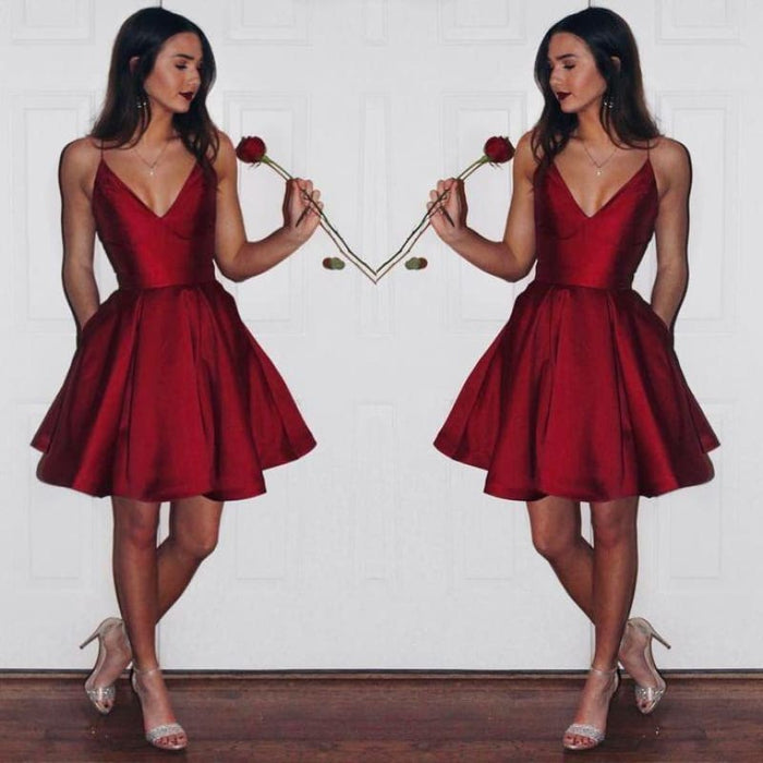 A-Line Spaghetti Straps V-Neck Burgundy Homecoming V-neck Short Prom Dress - Prom Dresses