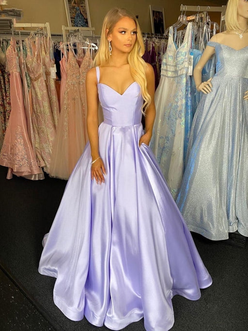 A Line tti Straps V Neck Purple Satin Long Prom Dresses with Belt, V Neck Purple Formal Graduation Evening Dresses