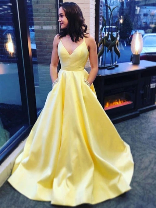 A Line tti Straps Yellow V Neck Satin Long Prom Dresses with Pockets, V Neck Yellow Formal Graduation Evening Dresses