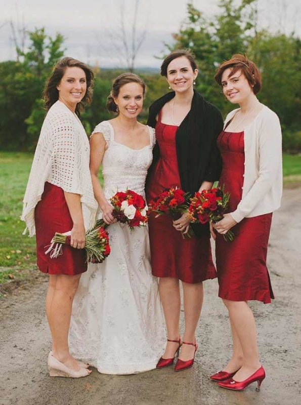 A-Line Square Neck Knee Length Red Elastic Satin Bridesmaid Dress - Bridesmaid Dresses